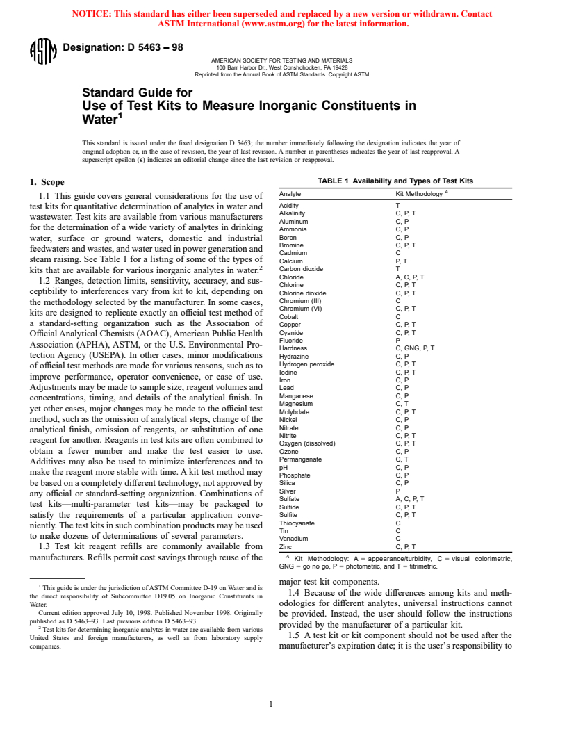 ASTM D5463-98 - Standard Guide for Use of Test Kits to Measure Inorganic Constituents in Water