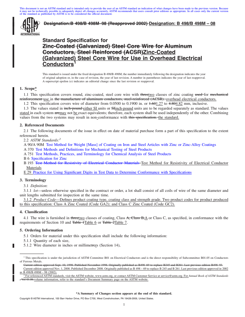 REDLINE ASTM B498/B498M-08 - Standard Specification for Zinc-Coated (Galvanized) Steel Core Wire for Use in Overhead Electrical Conductors