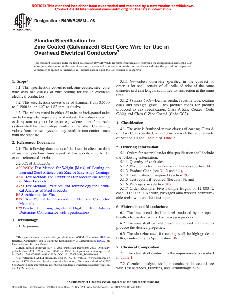 ASTM B498/B498M-08 - Standard Specification for Zinc-Coated (Galvanized) Steel Core Wire for Use in Overhead Electrical Conductors