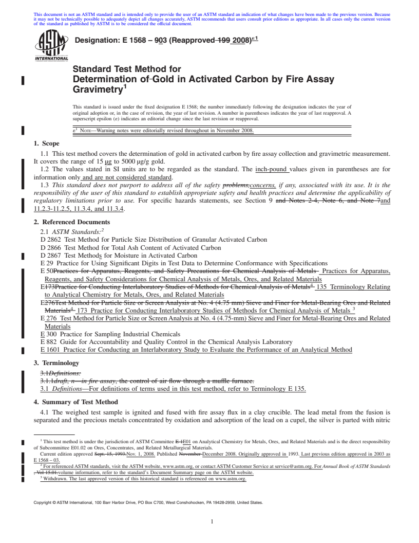 REDLINE ASTM E1568-03(2008)e1 - Standard Test Method for the Determination of Gold in Activated Carbon by Fire Assay Gravimetry