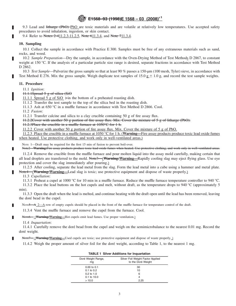 REDLINE ASTM E1568-03(2008)e1 - Standard Test Method for the Determination of Gold in Activated Carbon by Fire Assay Gravimetry