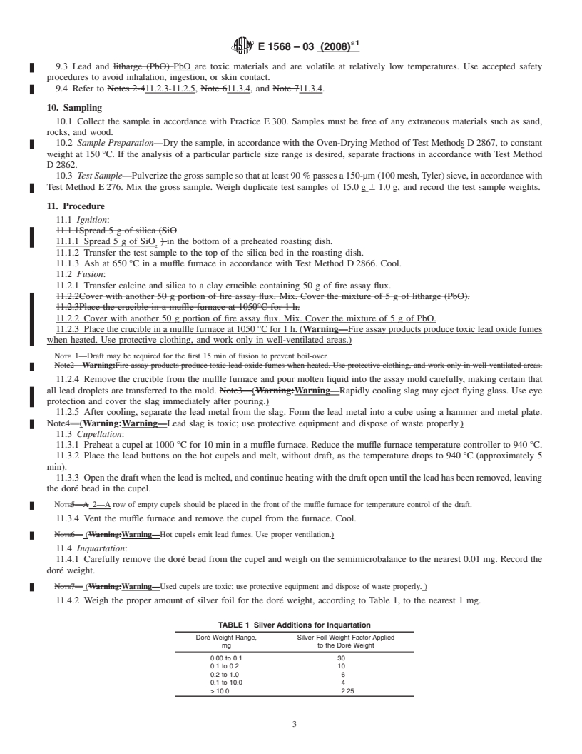 REDLINE ASTM E1568-03(2008)e1 - Standard Test Method for the Determination of Gold in Activated Carbon by Fire Assay Gravimetry