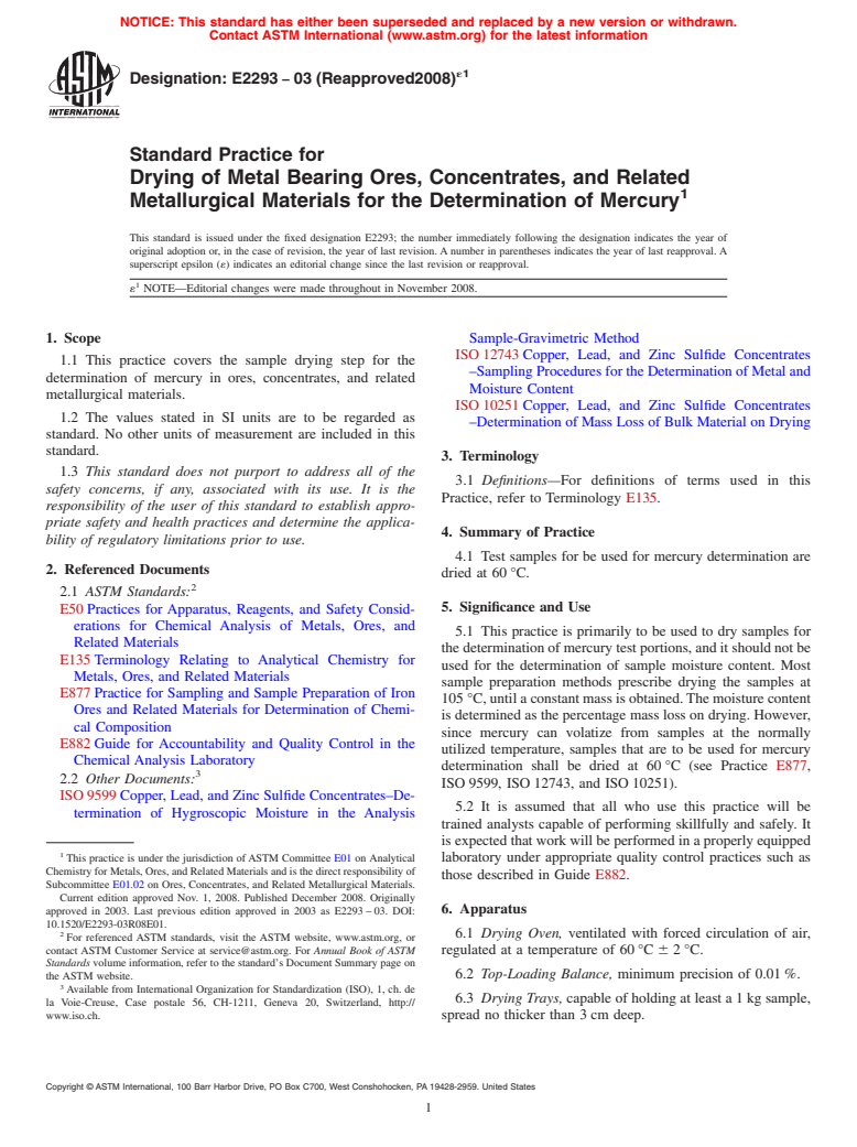 ASTM E2293-03(2008)e1 - Standard Practice for Drying of Metal Bearing Ores, Concentrates and Related Metallurgical Materials for the Determination of Mercury