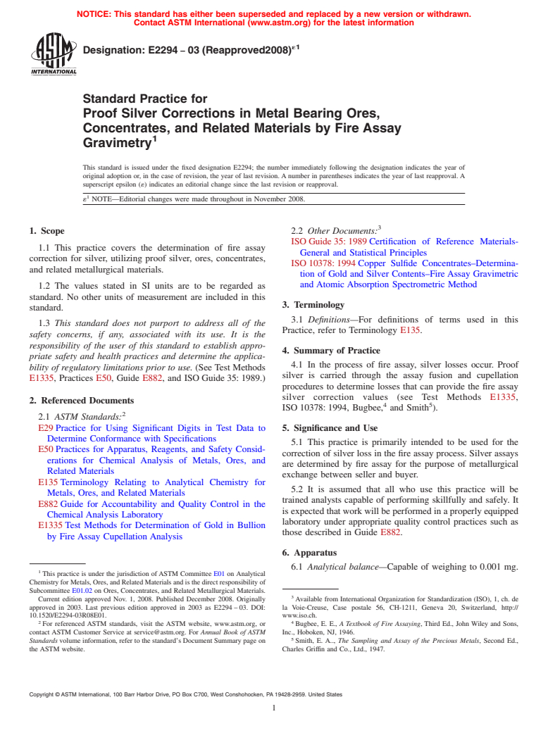 ASTM E2294-03(2008)e1 - Standard Practice for Proof Silver Corrections in Metal Bearing Ores, Concentrates and Related Materials by Fire Assay Gravimetry