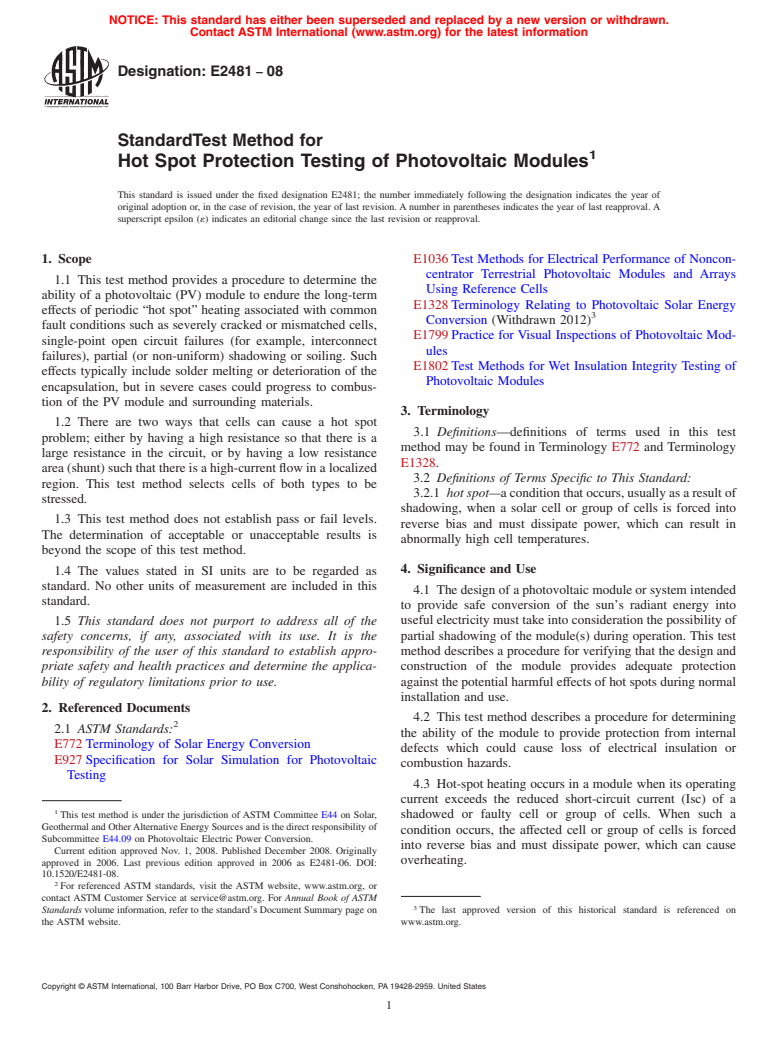 ASTM E2481-08 - Standard Test Method for Hot Spot Protection Testing of Photovoltaic Modules