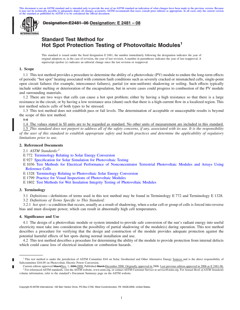 REDLINE ASTM E2481-08 - Standard Test Method for Hot Spot Protection Testing of Photovoltaic Modules