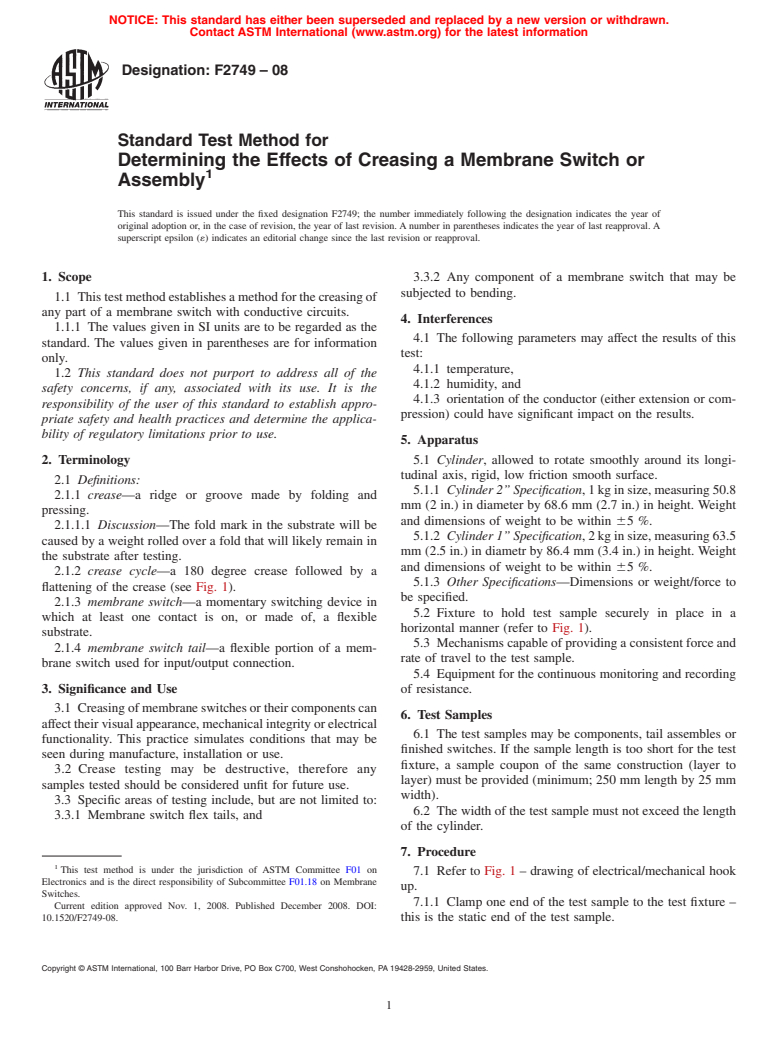 ASTM F2749-08 - Standard Test Method for Determining the Effects of Creasing a Membrane Switch or Assembly