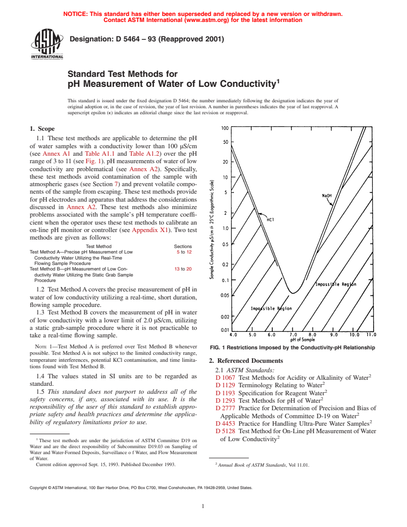 ASTM D5464-93(2001) - Standard Test Methods for pH Measurement of Water of Low Conductivity