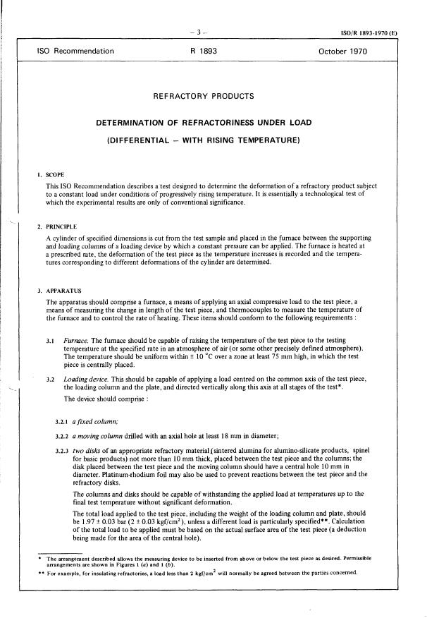 ISO/R 1893:1970 - Refractory products -- Determination of refractoriness under load (Differential -- With rising temperature)