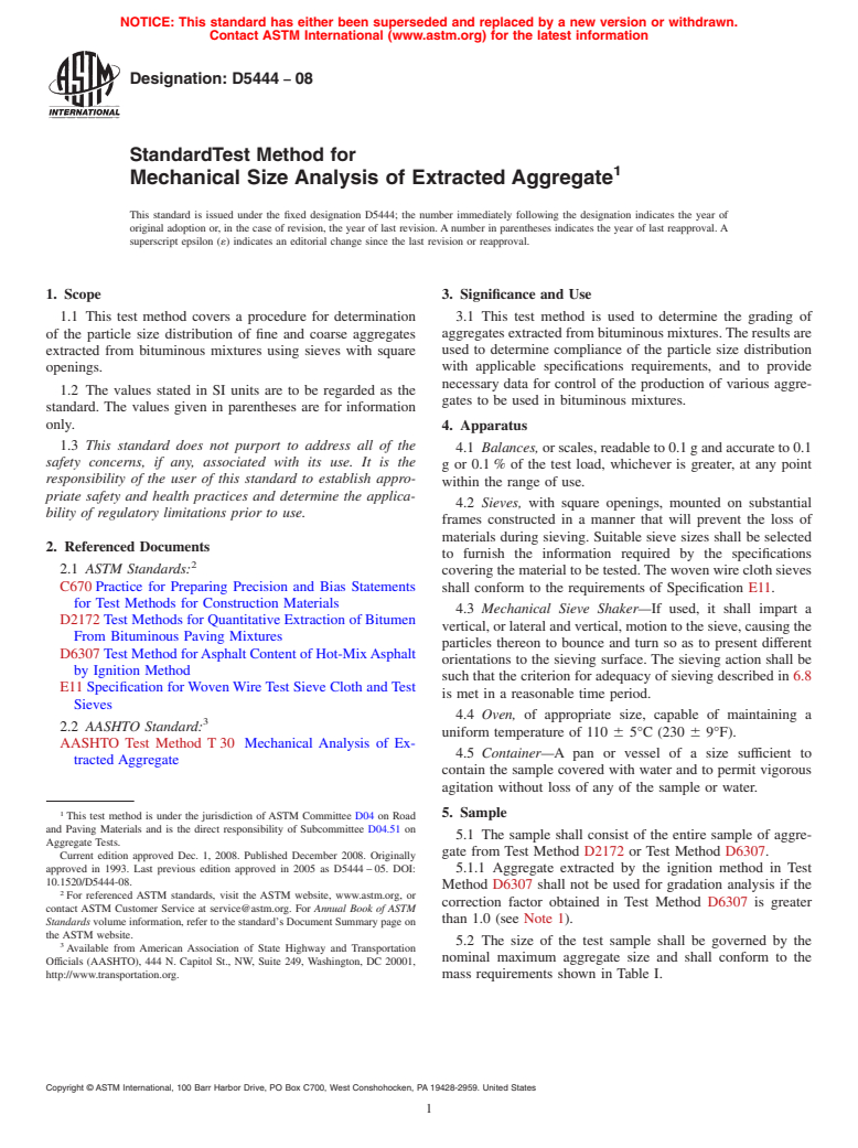 ASTM D5444-08 - Standard Test Method for Mechanical Size Analysis of Extracted Aggregate