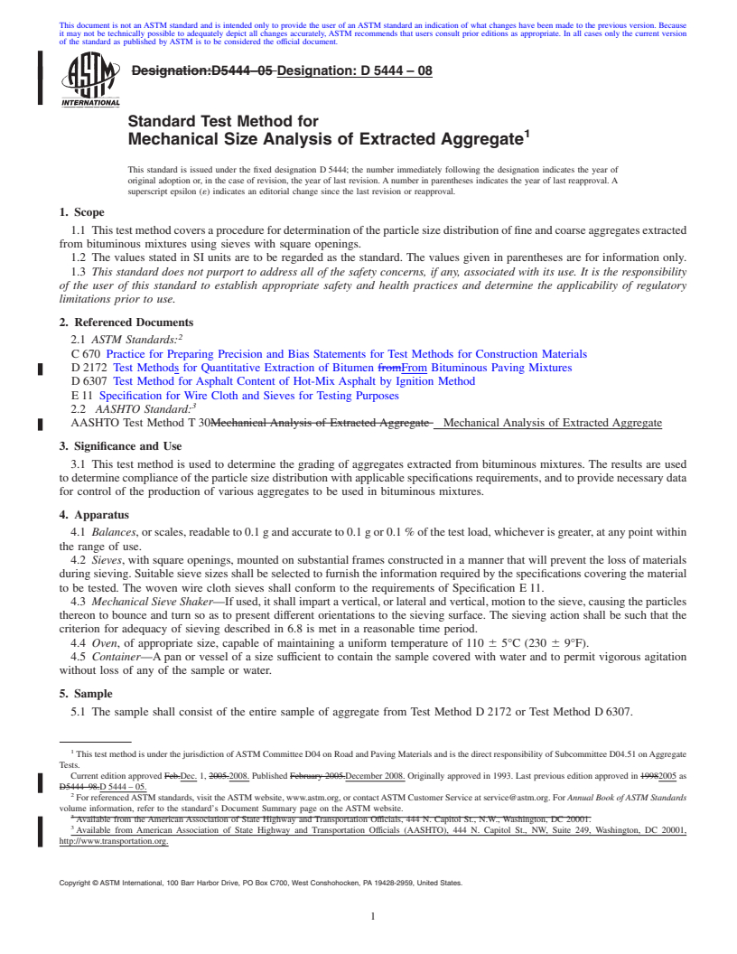 REDLINE ASTM D5444-08 - Standard Test Method for Mechanical Size Analysis of Extracted Aggregate