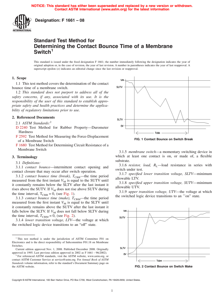 ASTM F1661-08 - Standard Test Method for Determining the Contact Bounce Time of a Membrane Switch