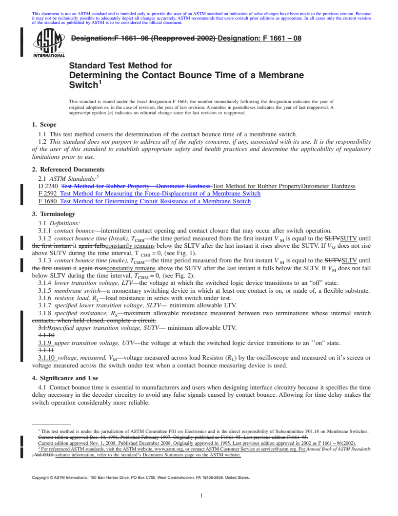 REDLINE ASTM F1661-08 - Standard Test Method for Determining the Contact Bounce Time of a Membrane Switch