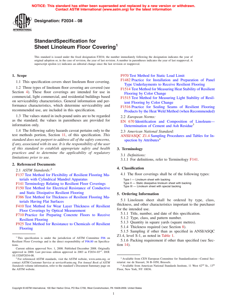 ASTM F2034-08 - Standard Specification for Sheet Linoleum Floor Covering