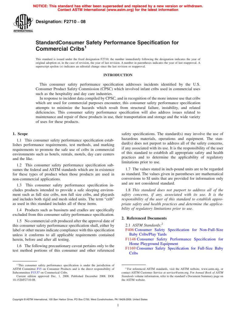 ASTM F2710-08 - Standard Consumer Safety Performance Specification for Commercial Cribs