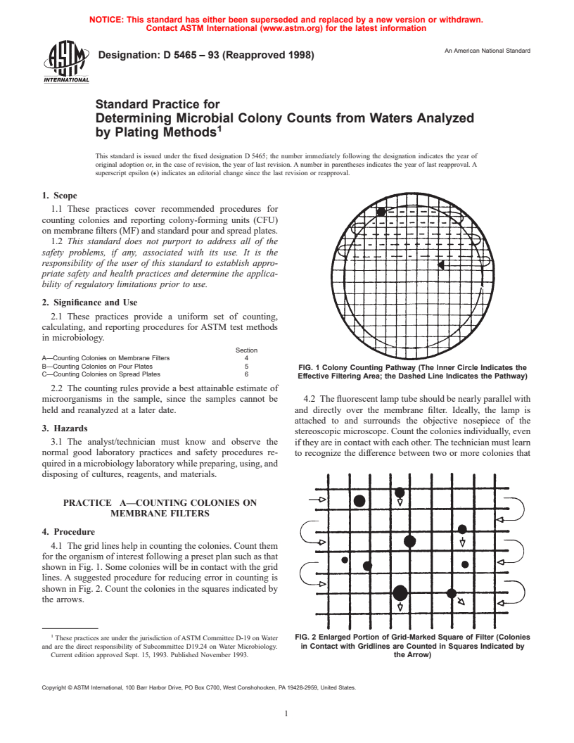 ASTM D5465-93(1998) - Standard Practice for Determining Microbial Colony Counts from Waters Analyzed by Plating Methods