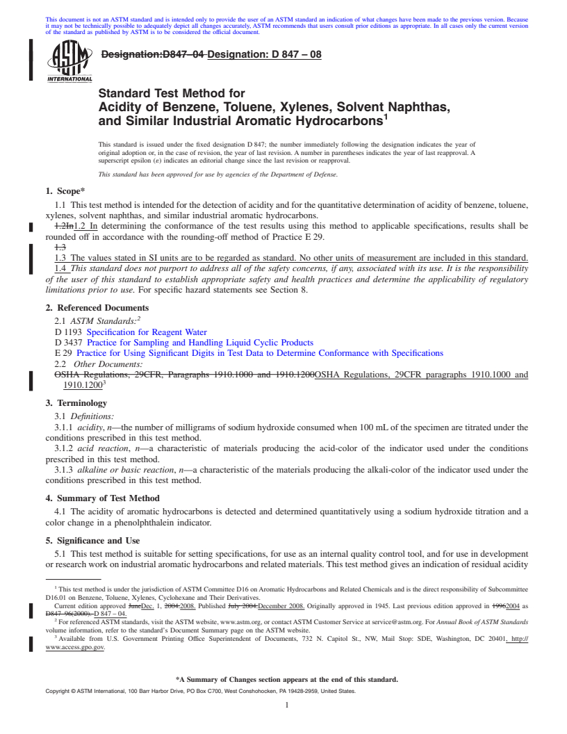 REDLINE ASTM D847-08 - Standard Test Method for Acidity of Benzene, Toluene, Xylenes, Solvent Naphthas, and Similar Industrial Aromatic Hydrocarbons