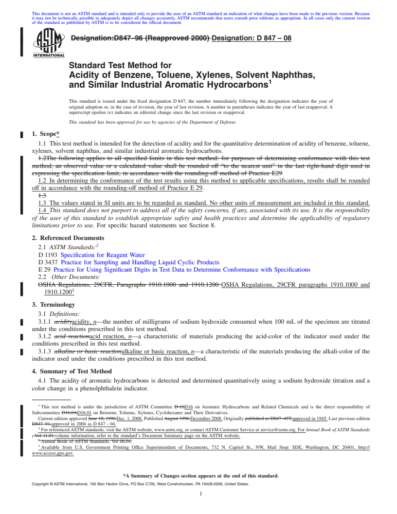 REDLINE ASTM D847-08 - Standard Test Method for Acidity of Benzene, Toluene, Xylenes, Solvent Naphthas, and Similar Industrial Aromatic Hydrocarbons