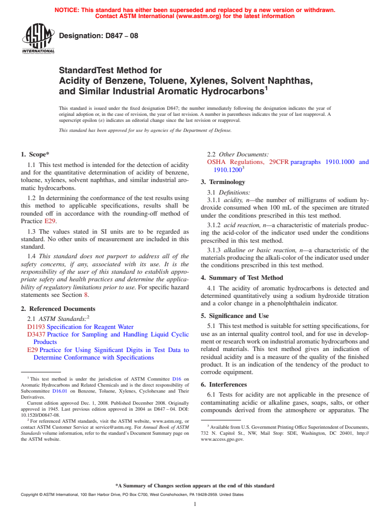 ASTM D847-08 - Standard Test Method for Acidity of Benzene, Toluene, Xylenes, Solvent Naphthas, and Similar Industrial Aromatic Hydrocarbons