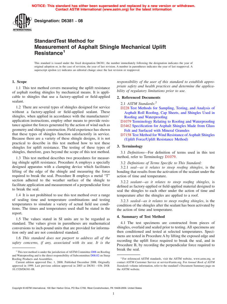 ASTM D6381-08 - Standard Test Method for Measurement of Asphalt Shingle Mechanical Uplift Resistance