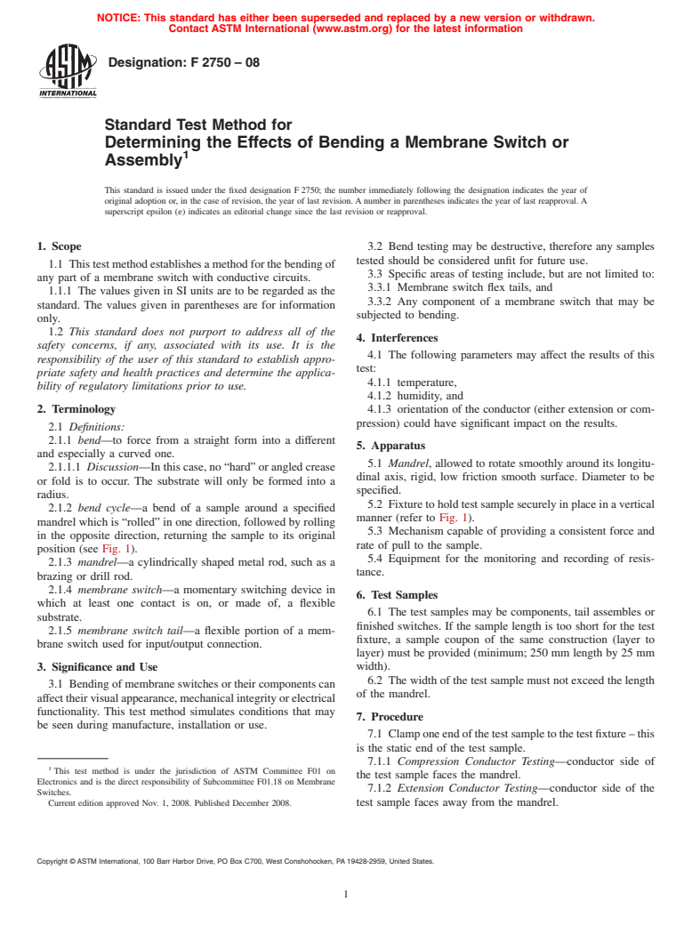 ASTM F2750-08 - Standard Test Method for Determining the Effects of Bending a Membrane Switch or Assembly