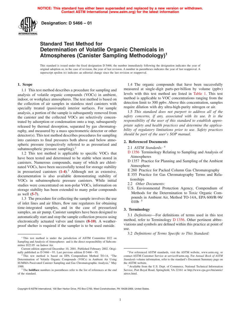 ASTM D5466-01 - Standard Test Method for Determination of Volatile Organic Chemicals in Atmospheres (Canister Sampling Methodology)