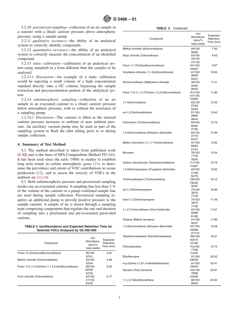 ASTM D5466-01 - Standard Test Method for Determination of Volatile Organic Chemicals in Atmospheres (Canister Sampling Methodology)