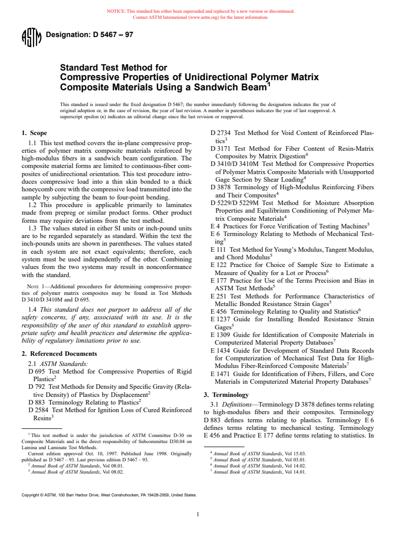 ASTM D5467-97 - Standard Test Method for Compressive Properties of Unidirectional Polymer Matrix Composites Using a Sandwich Beam