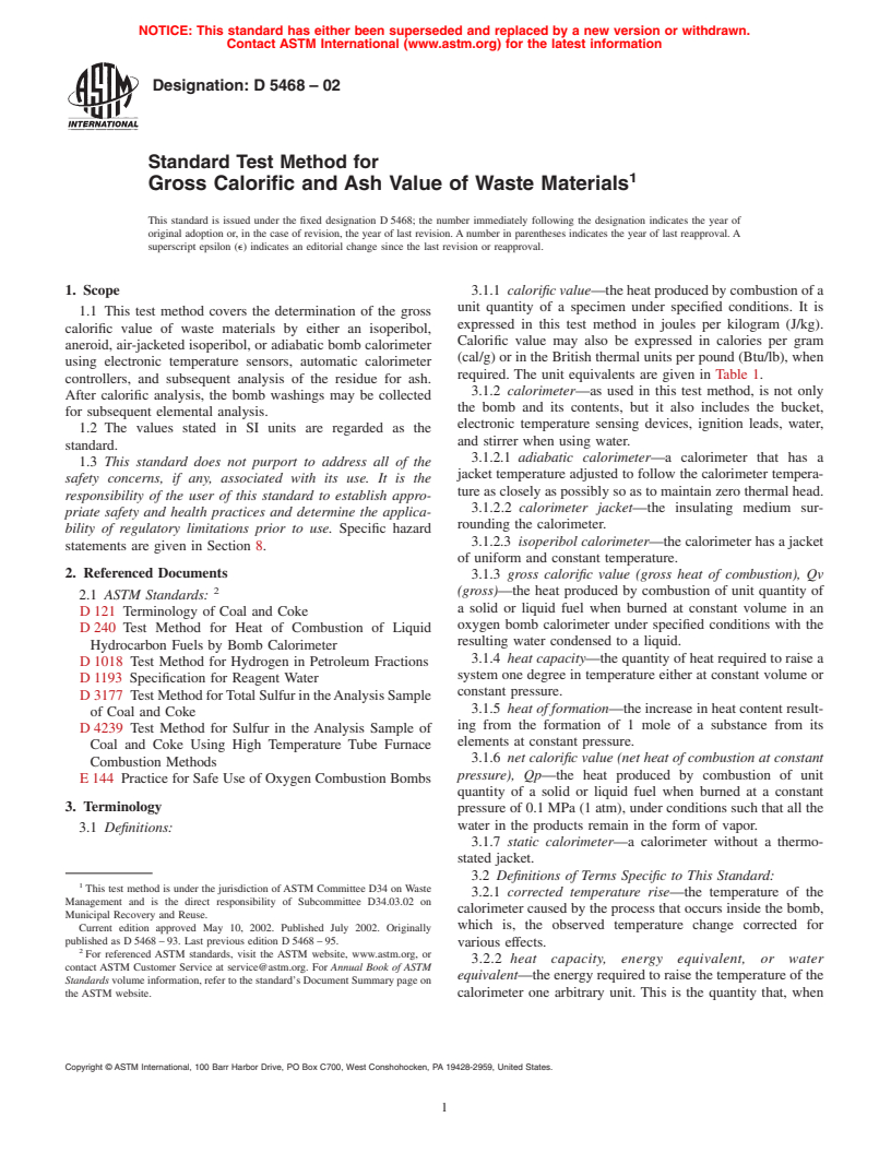 ASTM D5468-02 - Standard Test Method for Gross Calorific and Ash Value of Waste Materials