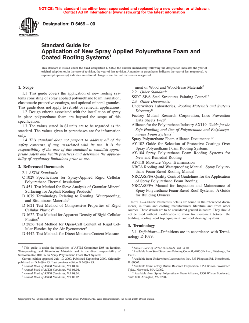 ASTM D5469-00 - Standard Guide for Application of New Spray Applied Polyurethane Foam and Coated Roofing Systems