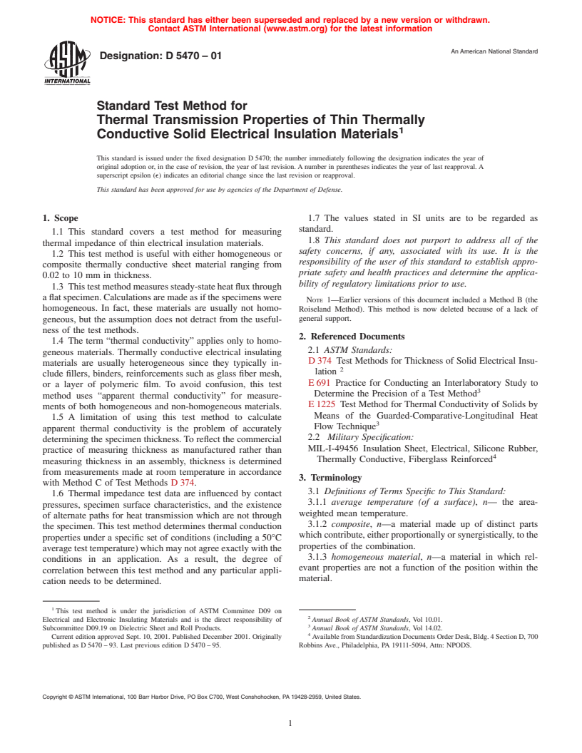 ASTM D5470-01 - Standard Test Method for Thermal Transmission Properties of Thin Thermally Conductive Solid Electrical Insulation Materials