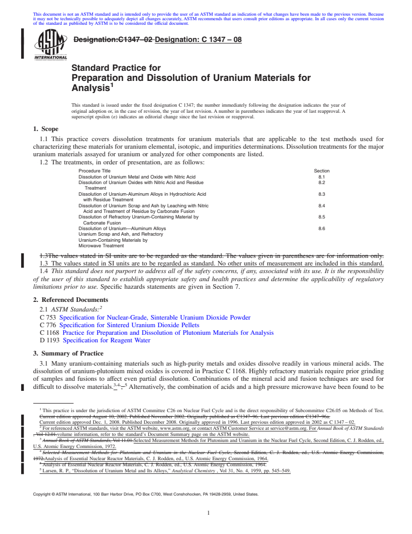 REDLINE ASTM C1347-08 - Standard Practice for Preparation and Dissolution of Uranium Materials for Analysis