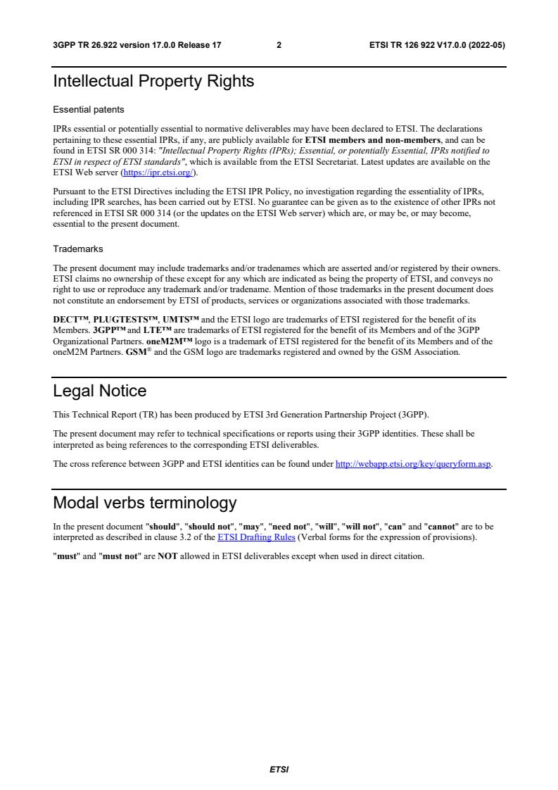ETSI TR 126 922 V17.0.0 (2022-05) - Universal Mobile Telecommunications System (UMTS); LTE; 5G; Video telephony robustness improvements extensions; Performance evaluation (3GPP TR 26.922 version 17.0.0 Release 17)