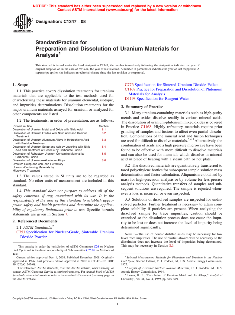 ASTM C1347-08 - Standard Practice for Preparation and Dissolution of Uranium Materials for Analysis