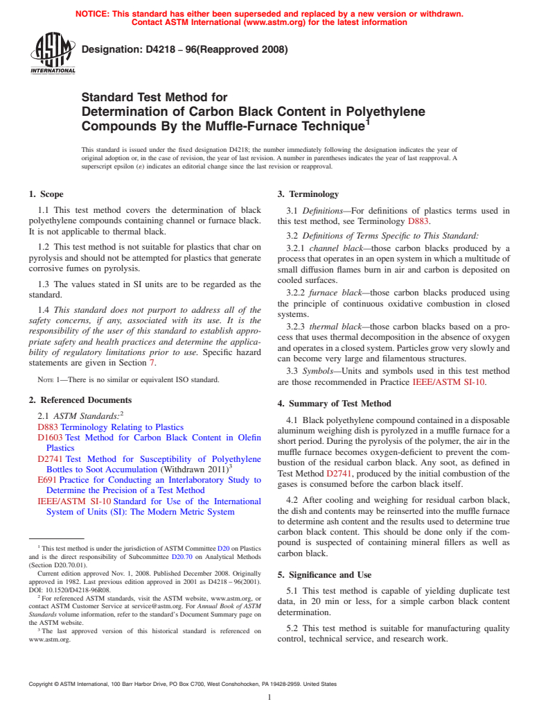 ASTM D4218-96(2008) - Standard Test Method for Determination of Carbon Black Content in Polyethylene Compounds By the Muffle-Furnace Technique