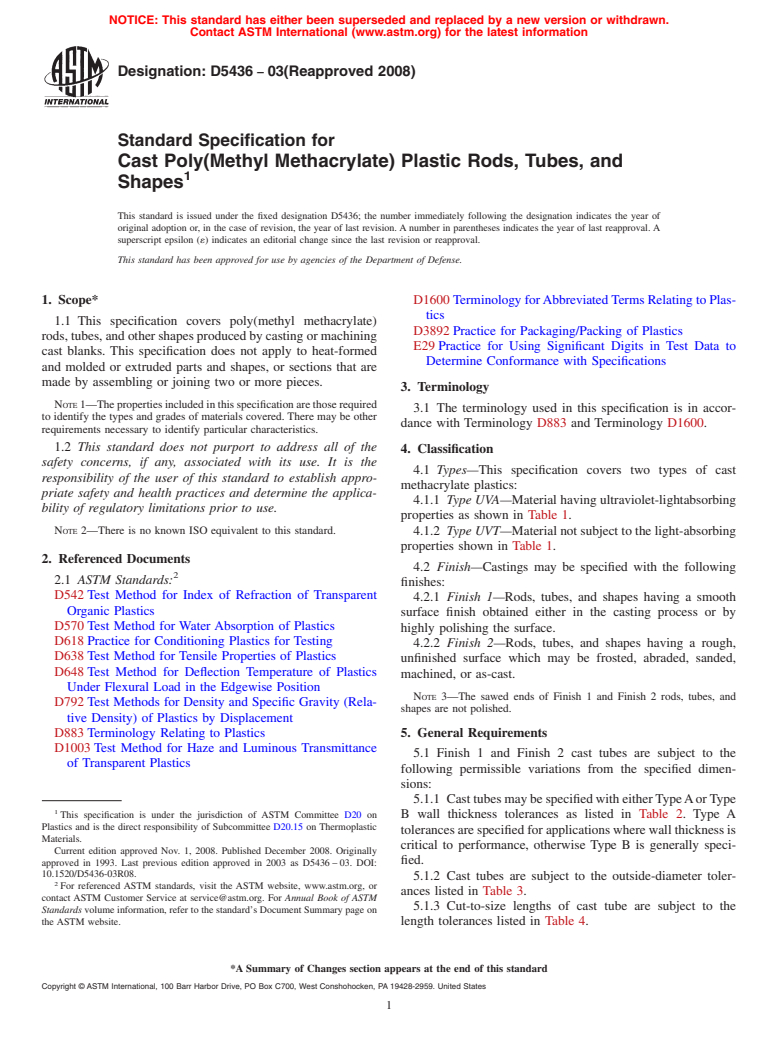 ASTM D5436-03(2008) - Standard Specification for Cast Poly(Methyl Methacrylate) Plastic Rods, Tubes, and Shapes