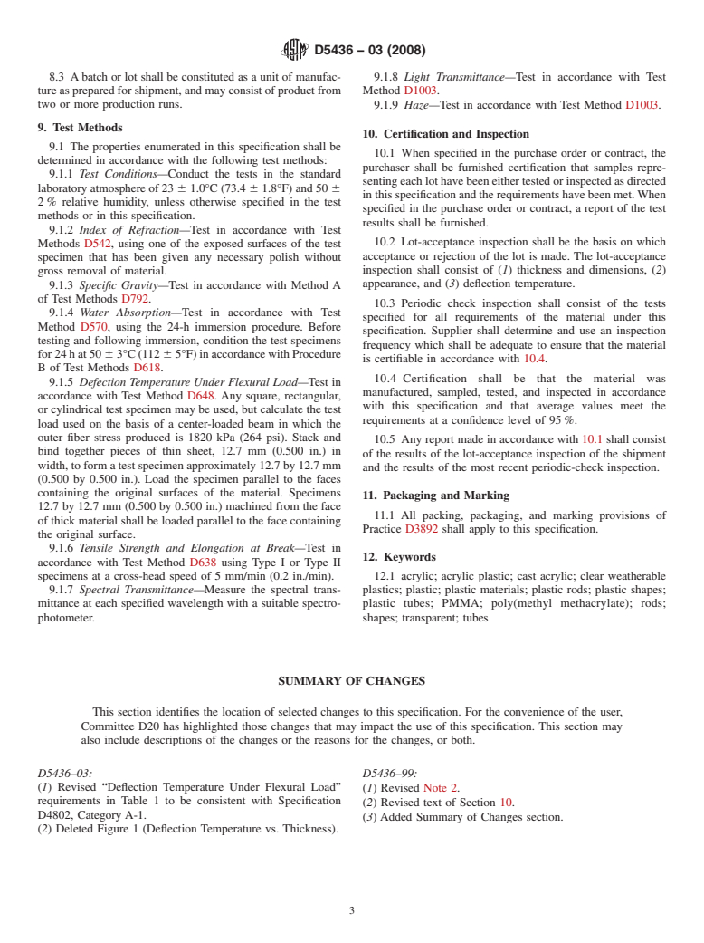 ASTM D5436-03(2008) - Standard Specification for Cast Poly(Methyl Methacrylate) Plastic Rods, Tubes, and Shapes