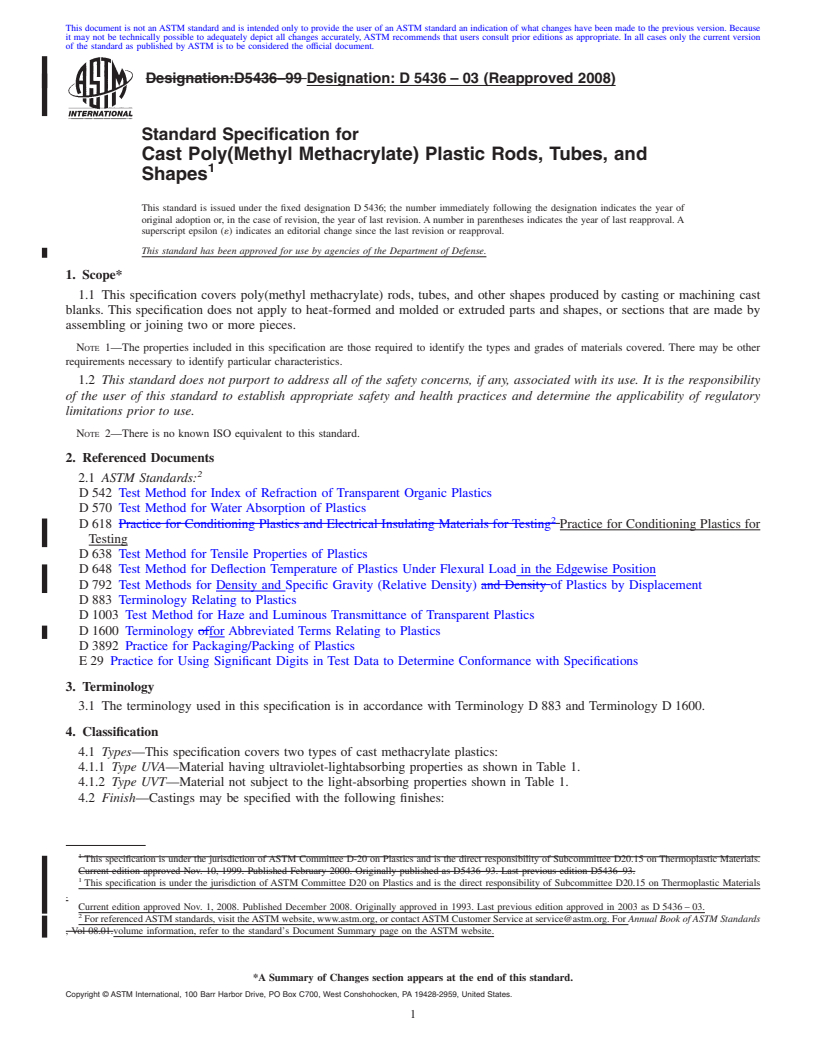 REDLINE ASTM D5436-03(2008) - Standard Specification for Cast Poly(Methyl Methacrylate) Plastic Rods, Tubes, and Shapes