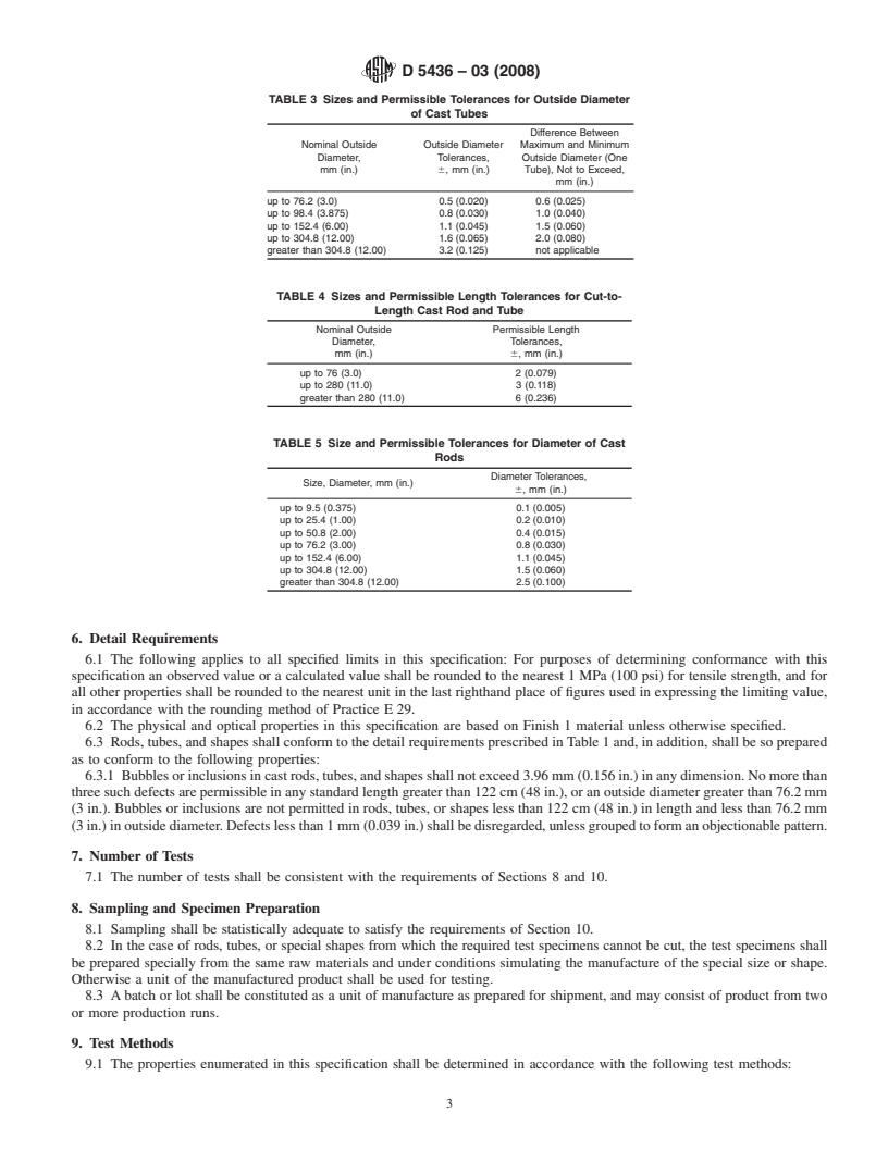 REDLINE ASTM D5436-03(2008) - Standard Specification for Cast Poly(Methyl Methacrylate) Plastic Rods, Tubes, and Shapes