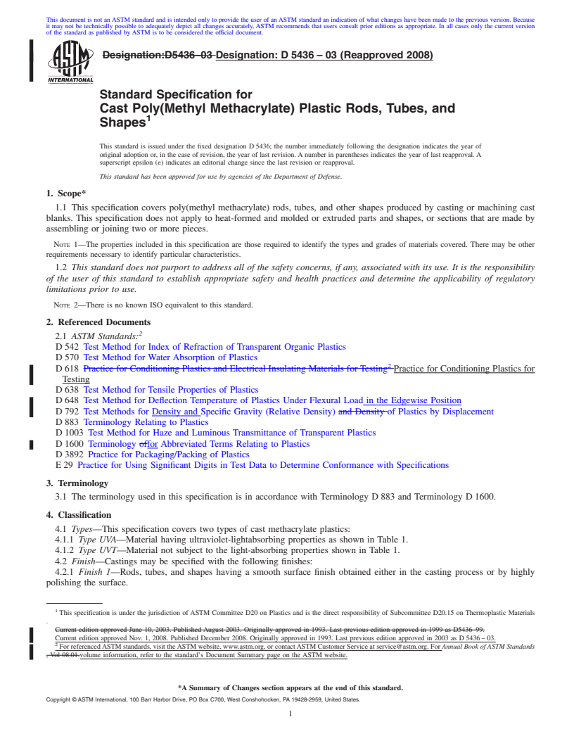 REDLINE ASTM D5436-03(2008) - Standard Specification for Cast Poly(Methyl Methacrylate) Plastic Rods, Tubes, and Shapes