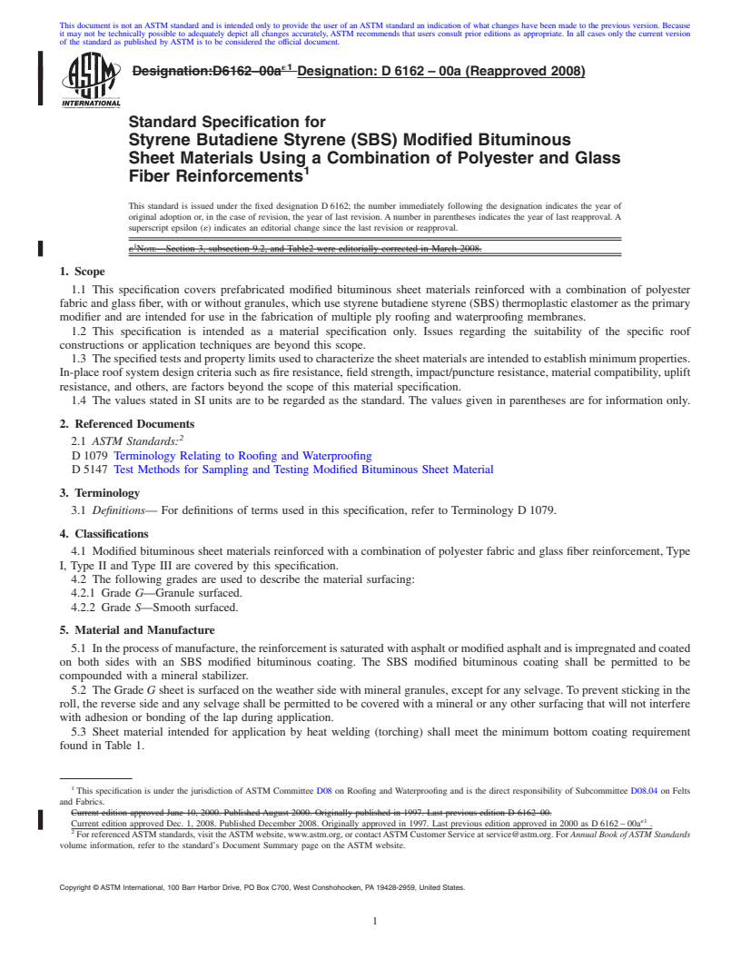 REDLINE ASTM D6162-00a(2008) - Standard Specification for  Styrene Butadiene Styrene (SBS) Modified Bituminous Sheet Materials Using a Combination of Polyester and Glass Fiber Reinforcements