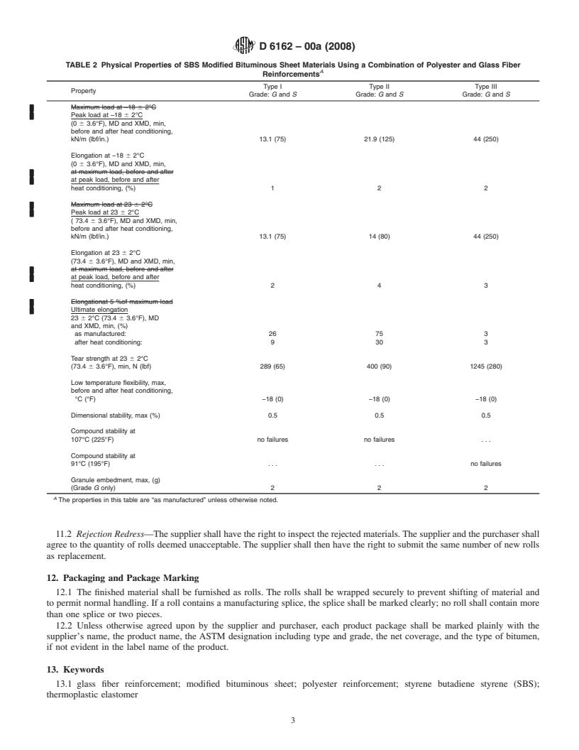 REDLINE ASTM D6162-00a(2008) - Standard Specification for  Styrene Butadiene Styrene (SBS) Modified Bituminous Sheet Materials Using a Combination of Polyester and Glass Fiber Reinforcements