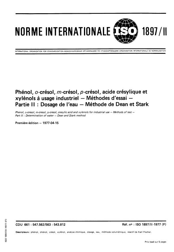 ISO 1897-2:1977 - Phénol, o-crésol, m-crésol, p-crésol, acide crésylique et xylénols a usage industriel -- Méthodes d'essai