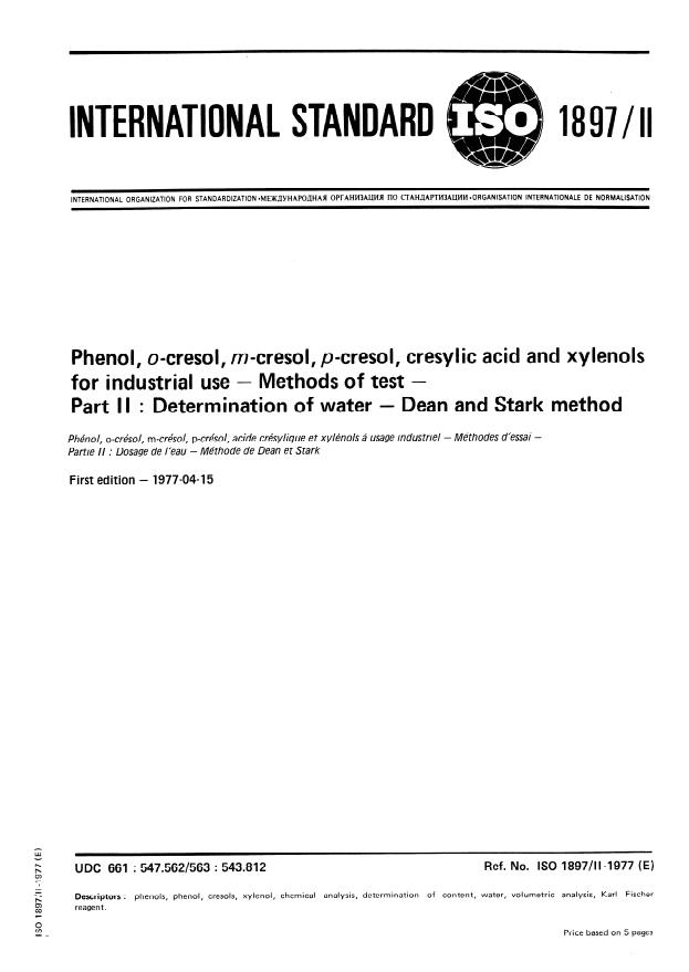 ISO 1897-2:1977 - Phenol, o-cresol, m-cresol, p-cresol, cresylic acid and xylenols for industrial use -- Methods of test