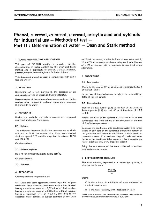 ISO 1897-2:1977 - Phenol, o-cresol, m-cresol, p-cresol, cresylic acid and xylenols for industrial use -- Methods of test