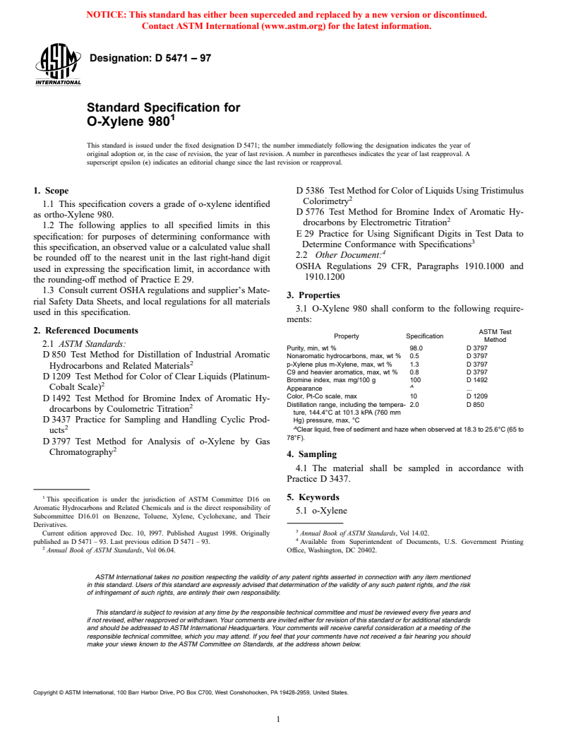 ASTM D5471-97 - Standard Specification for O-Xylene 980