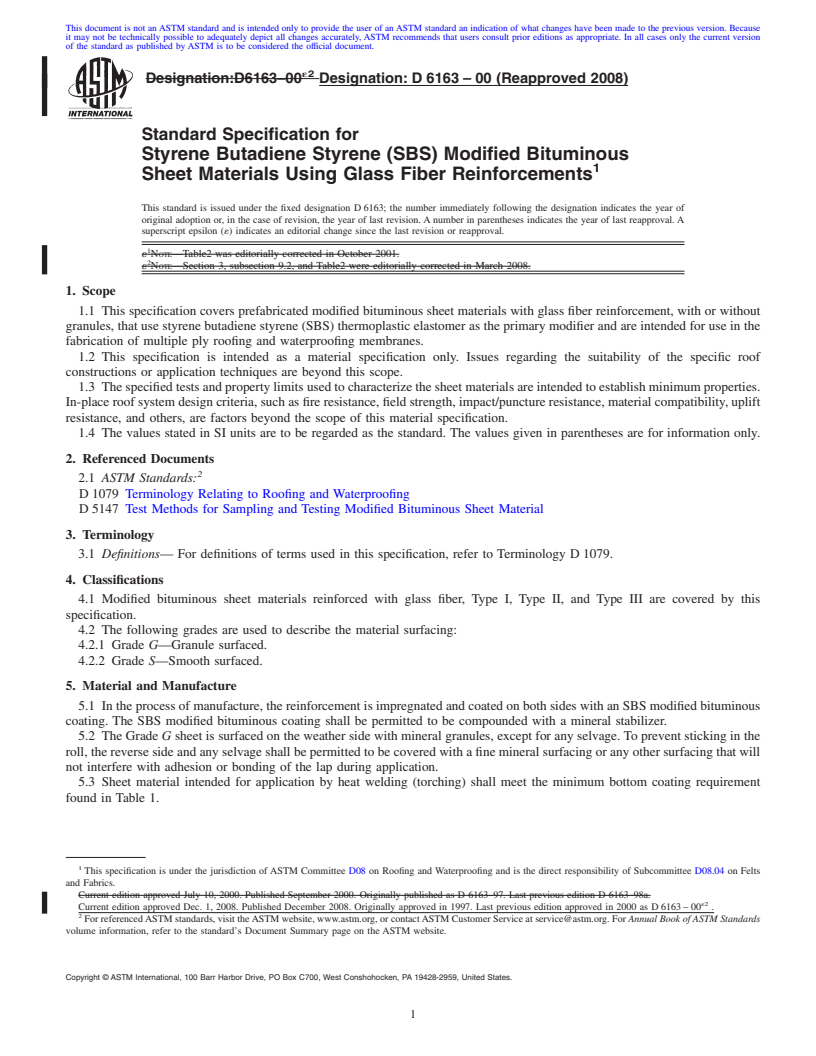 REDLINE ASTM D6163-00(2008) - Standard Specification for Styrene Butadiene Styrene (SBS) Modified Bituminous Sheet Materials Using Glass Fiber Reinforcements