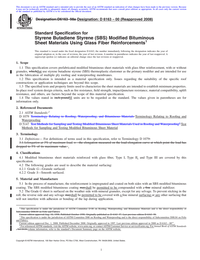 REDLINE ASTM D6163-00(2008) - Standard Specification for Styrene Butadiene Styrene (SBS) Modified Bituminous Sheet Materials Using Glass Fiber Reinforcements