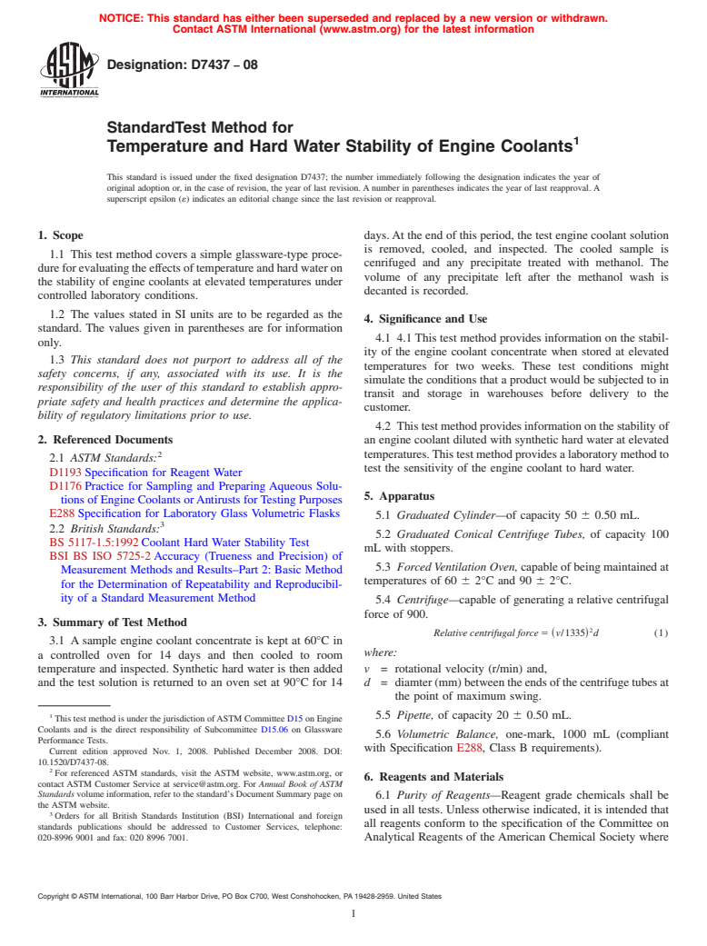 ASTM D7437-08 - Standard Test Method for Temperature and Hard Water Stability of Engine Coolants