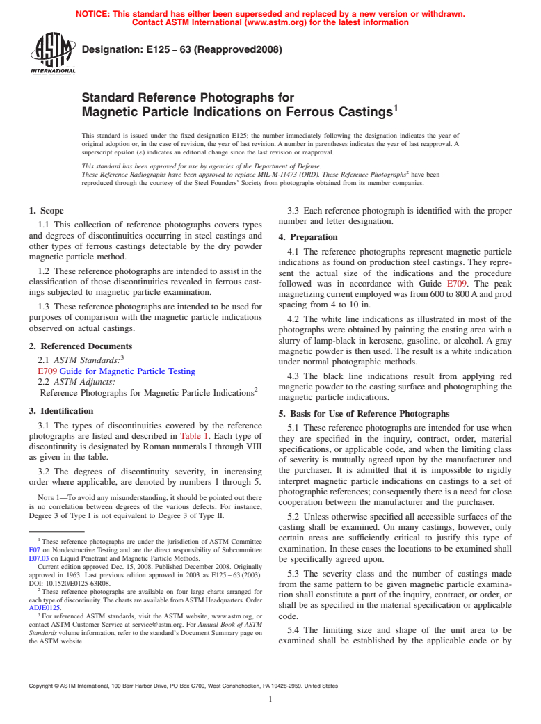 ASTM E125-63(2008) - Standard Reference Photographs for Magnetic Particle Indications on Ferrous Castings